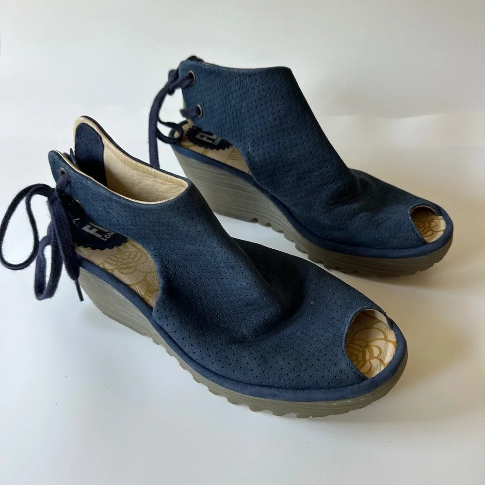 Fly London Ypul Wedge Sandals Navy Blue Perforated Suede Peep Toe size 38